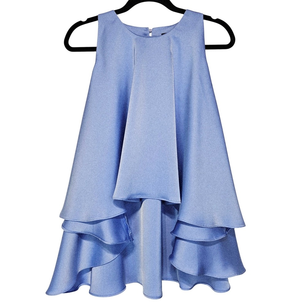 INA Women's Pastel Blue Tiered Ruffle Satin Sleeveless Blouse M Fairy Flowy Top
